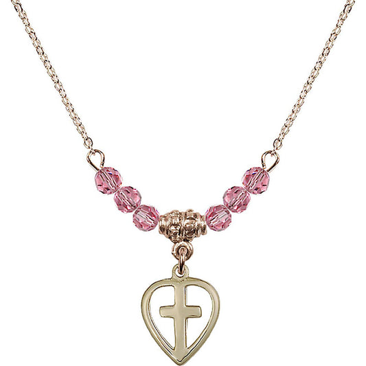 14kt Gold Filled Heart / Cross Birthstone Necklace with Rose Beads - 1709