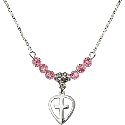 Sterling Silver Heart / Cross Birthstone Necklace with Rose Beads - 1709