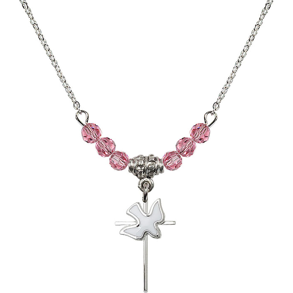 Sterling Silver Cross / Holy Spirit Birthstone Necklace with Rose Beads - 1812