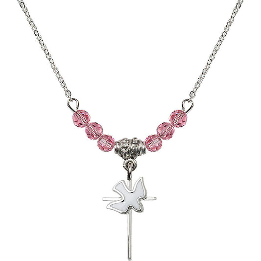Sterling Silver Cross / Holy Spirit Birthstone Necklace with Rose Beads - 1812