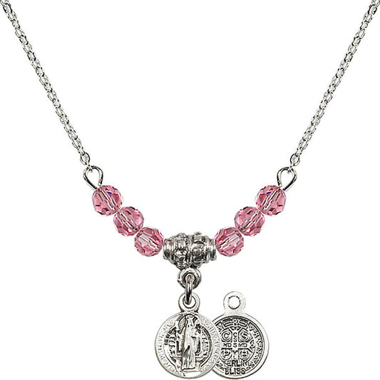 Sterling Silver Saint Benedict Birthstone Necklace with Rose Beads - 2341