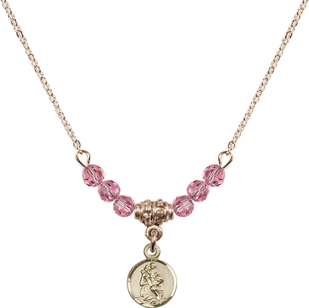 14kt Gold Filled Saint Christopher Birthstone Necklace with Rose Beads - 2343