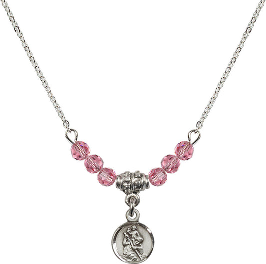 Sterling Silver Saint Christopher Birthstone Necklace with Rose Beads - 2343