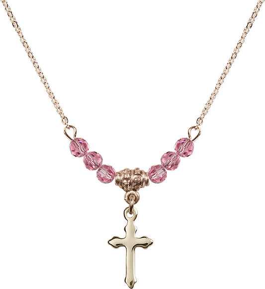 14kt Gold Filled Cross Birthstone Necklace with Rose Beads - 2528