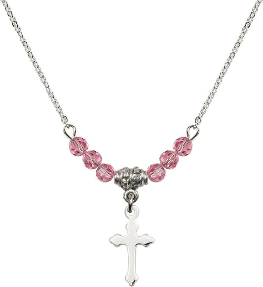 Sterling Silver Cross Birthstone Necklace with Rose Beads - 2528