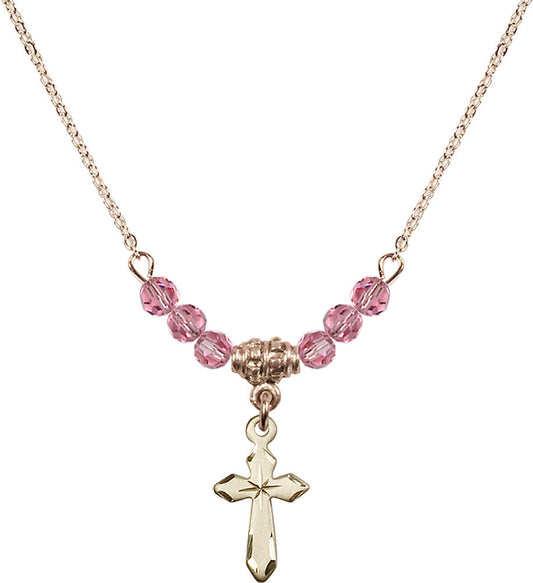 14kt Gold Filled Cross Birthstone Necklace with Rose Beads - 2529
