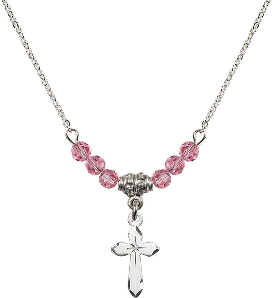 Sterling Silver Cross Birthstone Necklace with Rose Beads - 2529