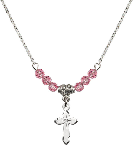 Sterling Silver Cross Birthstone Necklace with Rose Beads - 2529