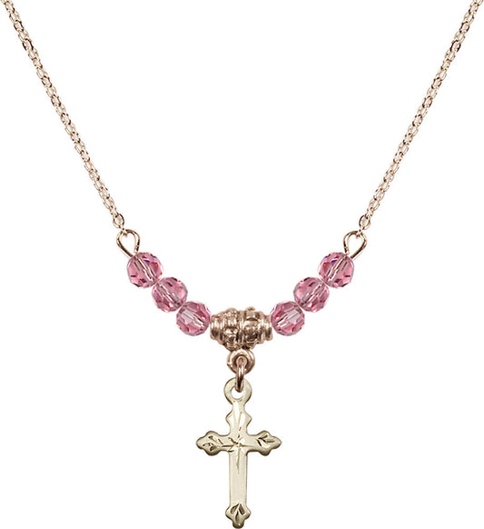 14kt Gold Filled Cross Birthstone Necklace with Rose Beads - 2531