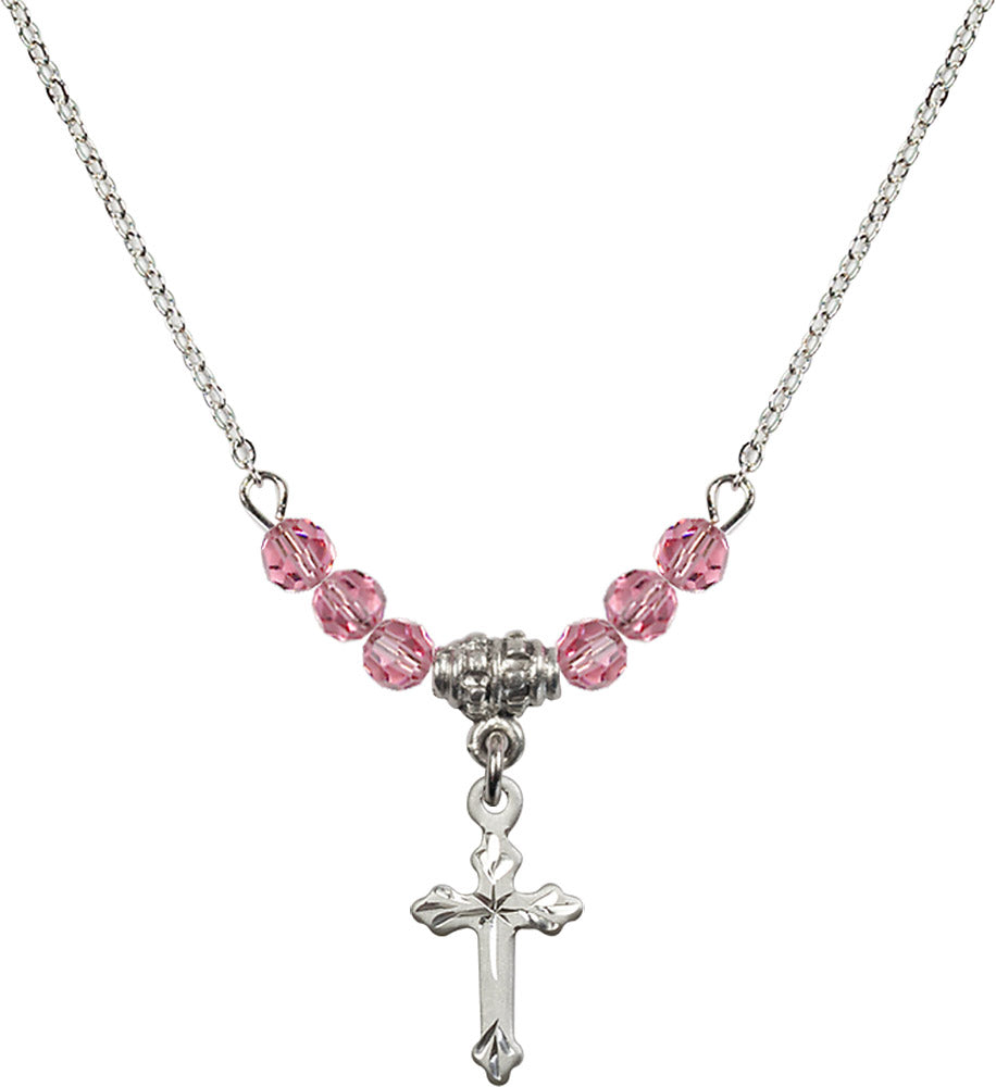 Sterling Silver Cross Birthstone Necklace with Rose Beads - 2531
