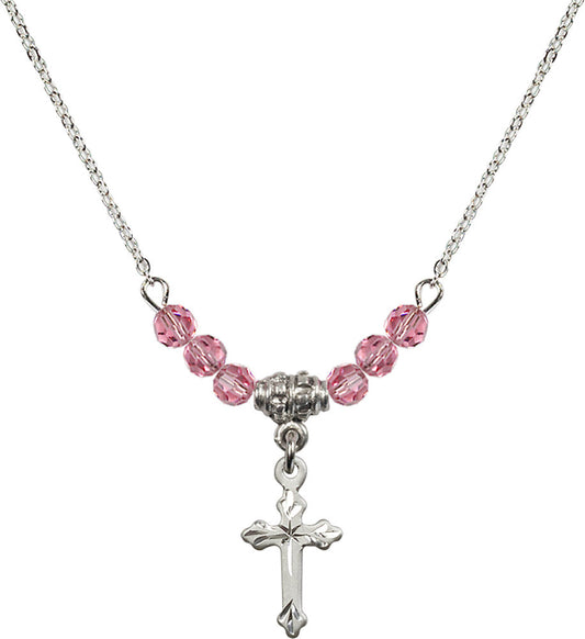 Sterling Silver Cross Birthstone Necklace with Rose Beads - 2531