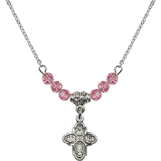 Sterling Silver 4-Way Birthstone Necklace with Rose Beads - 3143