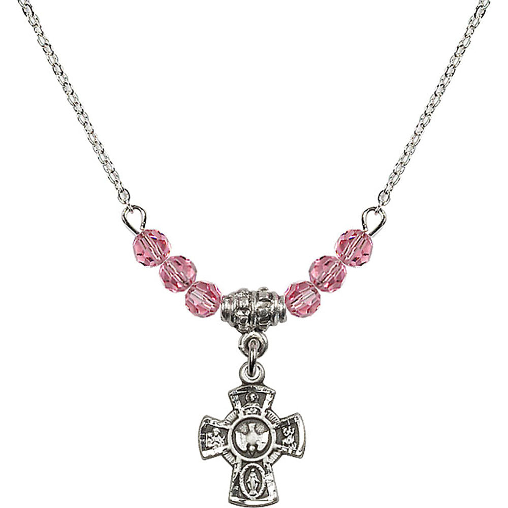 Sterling Silver 5-Way Birthstone Necklace with Rose Beads - 3145