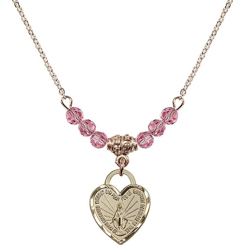14kt Gold Filled Miraculous Heart Birthstone Necklace with Rose Beads - 3401