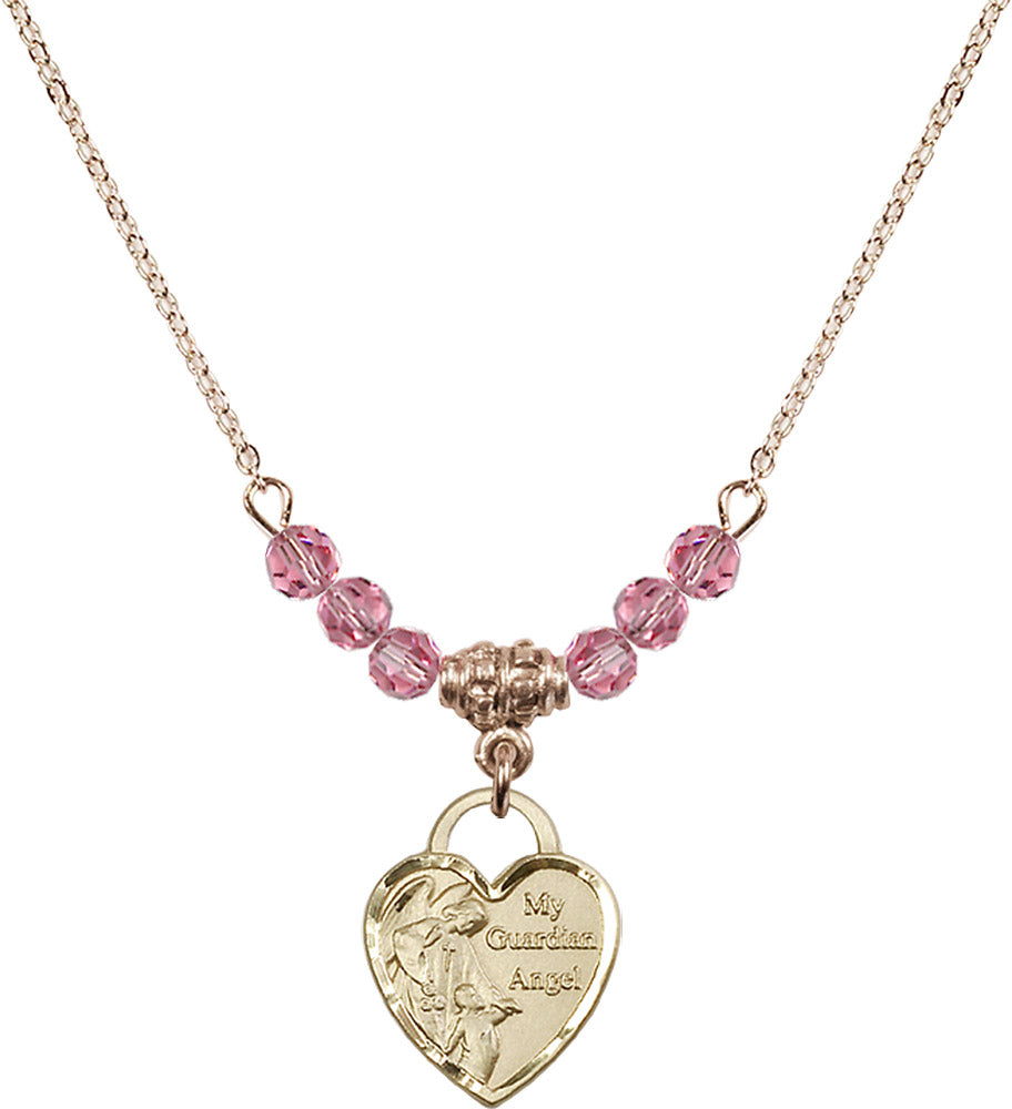14kt Gold Filled Guardian Angel Heart Birthstone Necklace with Rose Beads - 3402