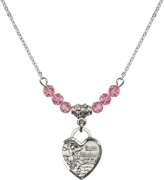 Sterling Silver Saint Michael Heart Birthstone Necklace with Rose Beads - 3403