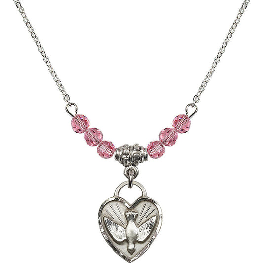 Sterling Silver Confirmation Heart Birthstone Necklace with Rose Beads - 3405
