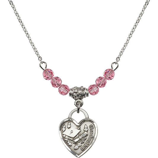 Sterling Silver Graduation Heart Birthstone Necklace with Rose Beads - 3406