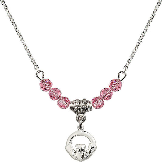Sterling Silver Claddagh Birthstone Necklace with Rose Beads - 4113