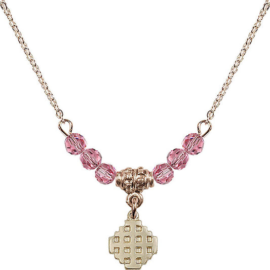 14kt Gold Filled Jerusalem Cross Birthstone Necklace with Rose Beads - 4118