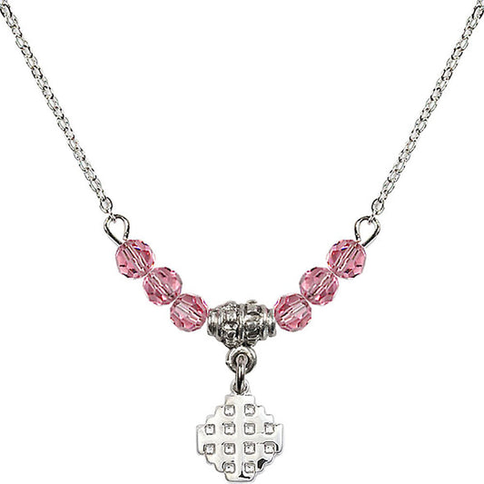 Sterling Silver Jerusalem Cross Birthstone Necklace with Rose Beads - 4118