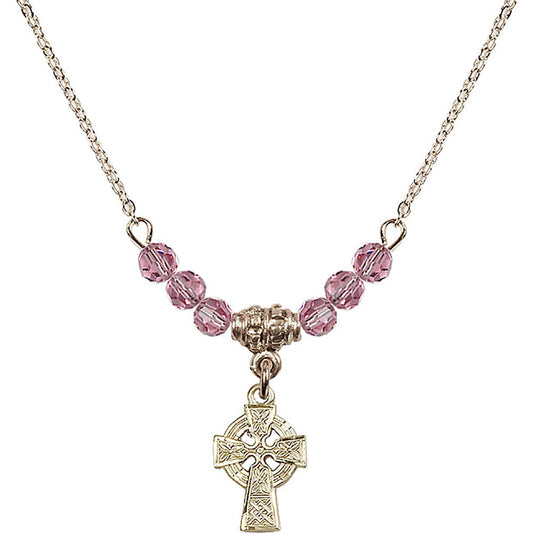 14kt Gold Filled Celtic Cross Birthstone Necklace with Rose Beads - 4133