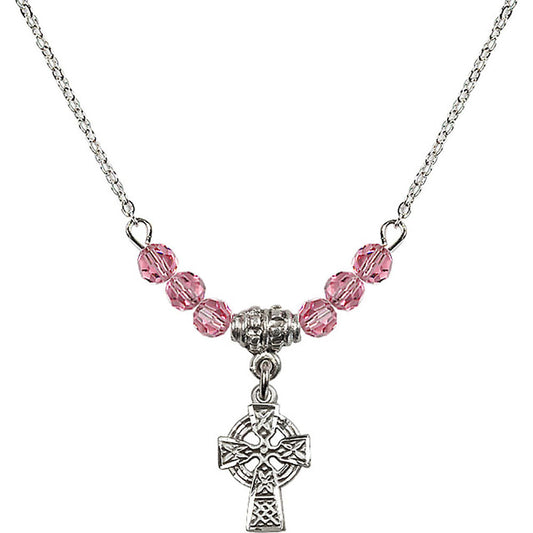 Sterling Silver Celtic Cross Birthstone Necklace with Rose Beads - 4133