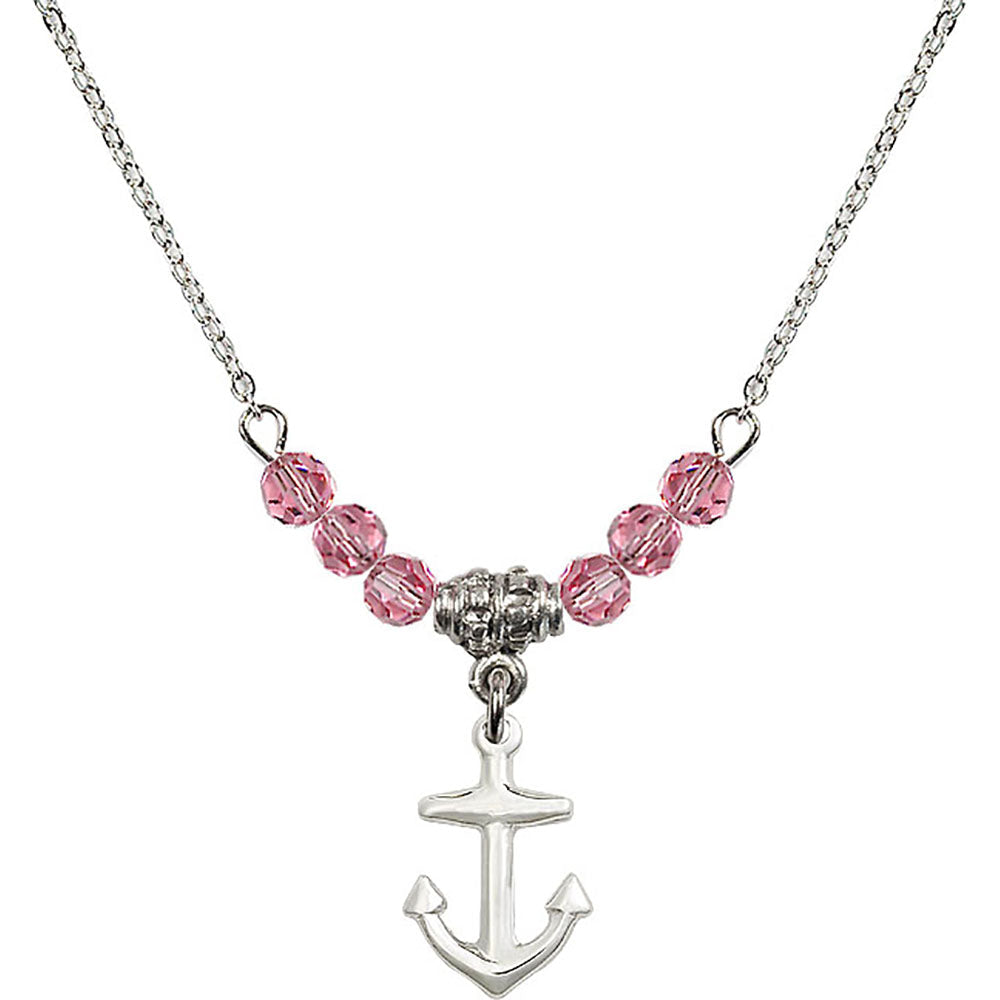Sterling Silver Anchor Birthstone Necklace with Rose Beads - 4158