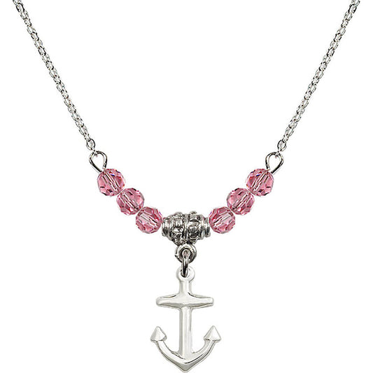 Sterling Silver Anchor Birthstone Necklace with Rose Beads - 4158