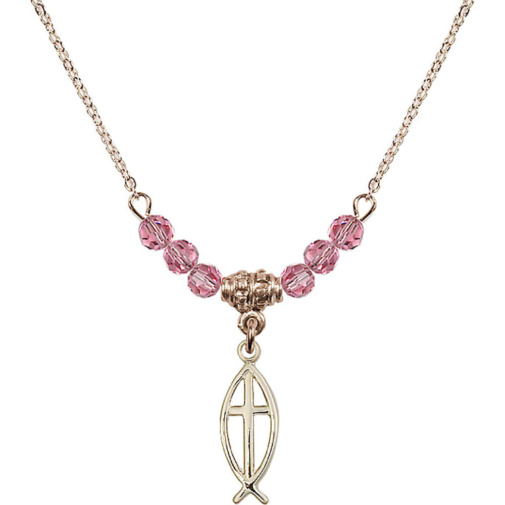 14kt Gold Filled Fish / Cross Birthstone Necklace with Rose Beads - 4251