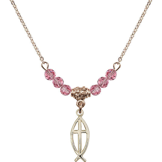 14kt Gold Filled Fish / Cross Birthstone Necklace with Rose Beads - 4251