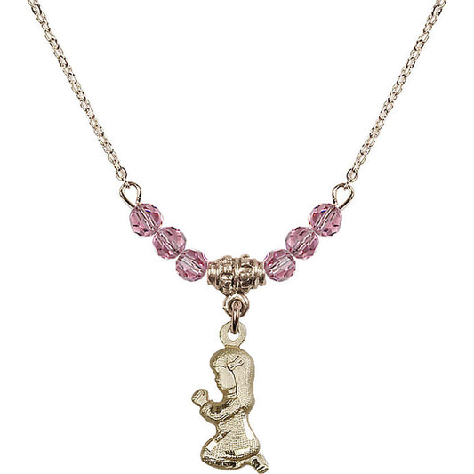 14kt Gold Filled Praying Girl Birthstone Necklace with Rose Beads - 4262