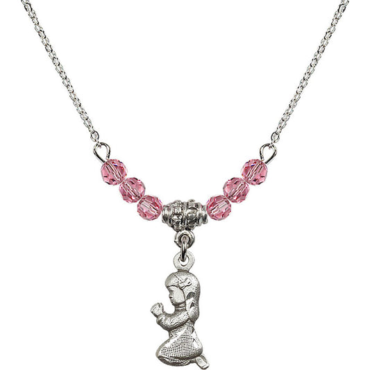 Sterling Silver Praying Girl Birthstone Necklace with Rose Beads - 4262