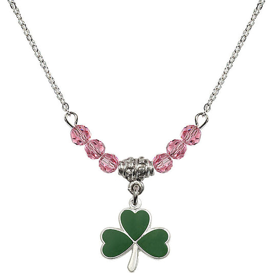 Sterling Silver Shamrock Birthstone Necklace with Rose Beads - 5243