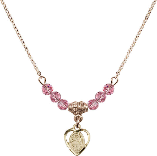14kt Gold Filled Saint Christopher Birthstone Necklace with Rose Beads - 5403