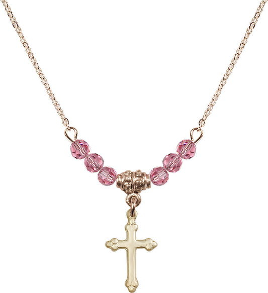 14kt Gold Filled Cross Birthstone Necklace with Rose Beads - 5415