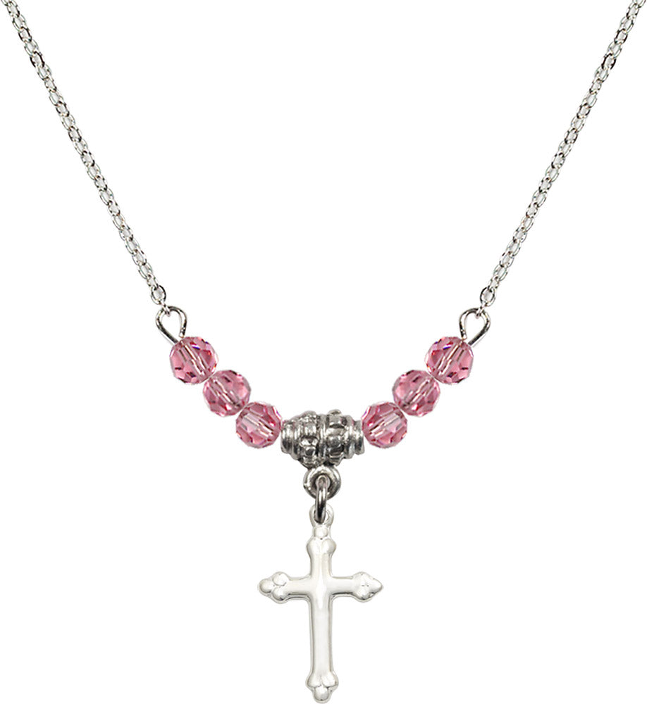Sterling Silver Cross Birthstone Necklace with Rose Beads - 5415