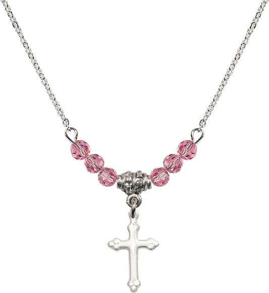 Sterling Silver Cross Birthstone Necklace with Rose Beads - 5415