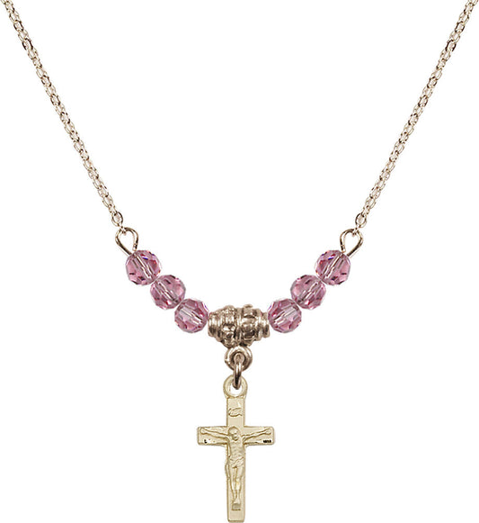 14kt Gold Filled Crucifix Birthstone Necklace with Rose Beads - 5417