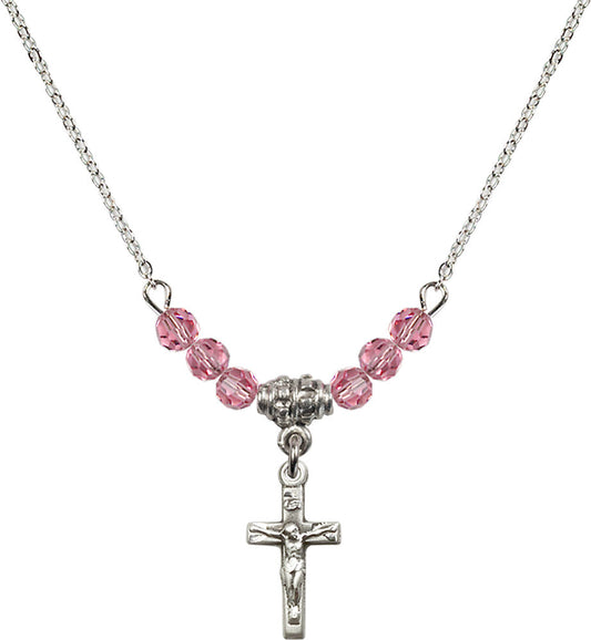 Sterling Silver Crucifix Birthstone Necklace with Rose Beads - 5417