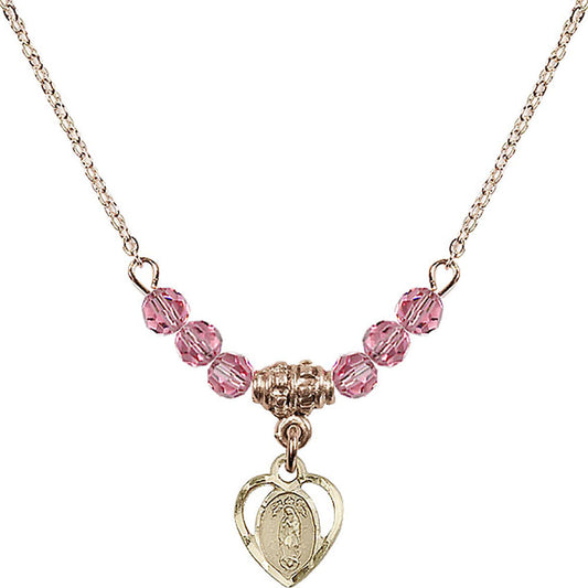 14kt Gold Filled Our Lady of Guadalupe Birthstone Necklace with Rose Beads - 5422
