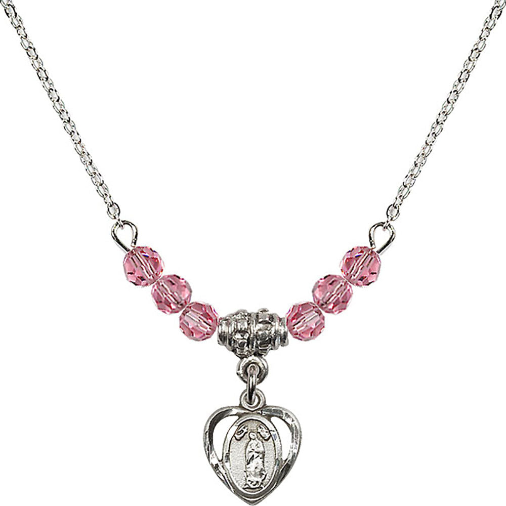 Sterling Silver Our Lady of Guadalupe Birthstone Necklace with Rose Beads - 5422