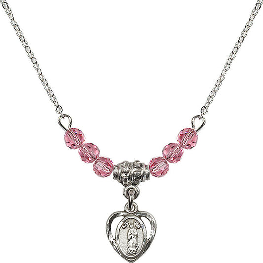 Sterling Silver Our Lady of Guadalupe Birthstone Necklace with Rose Beads - 5422