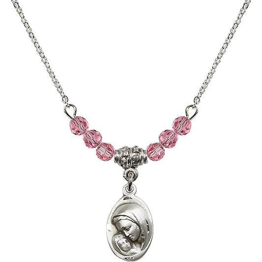 Sterling Silver Madonna & Child Birthstone Necklace with Rose Beads - 5447