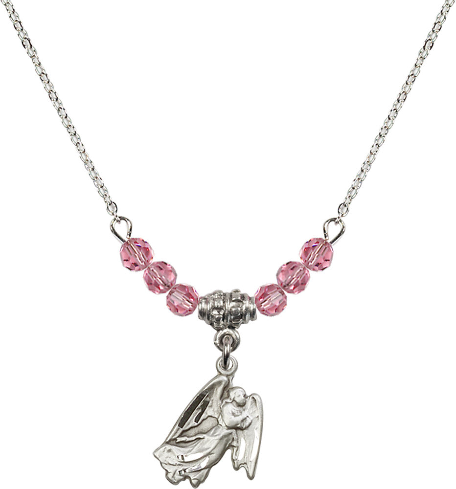 Sterling Silver Guardian Angel Birthstone Necklace with Rose Beads - 5642
