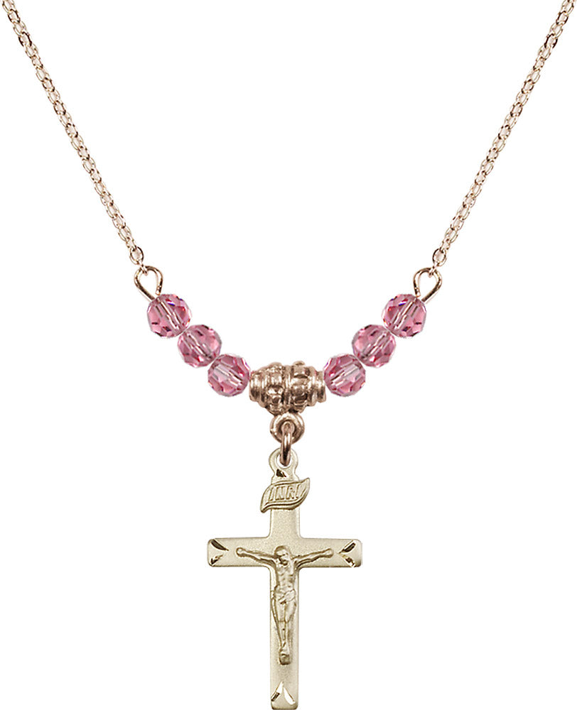 14kt Gold Filled Crucifix Birthstone Necklace with Rose Beads - 5668