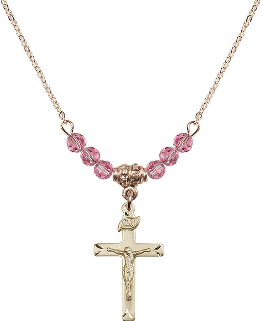14kt Gold Filled Crucifix Birthstone Necklace with Rose Beads - 5668