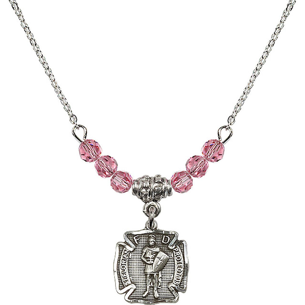 Sterling Silver Saint Florian Birthstone Necklace with Rose Beads - 5686