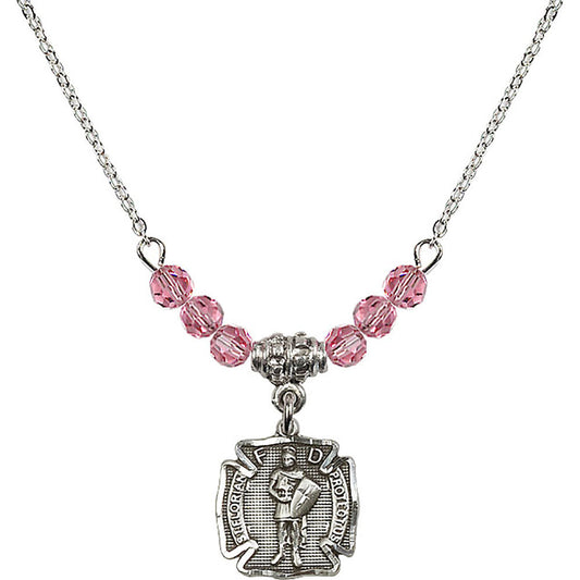 Sterling Silver Saint Florian Birthstone Necklace with Rose Beads - 5686
