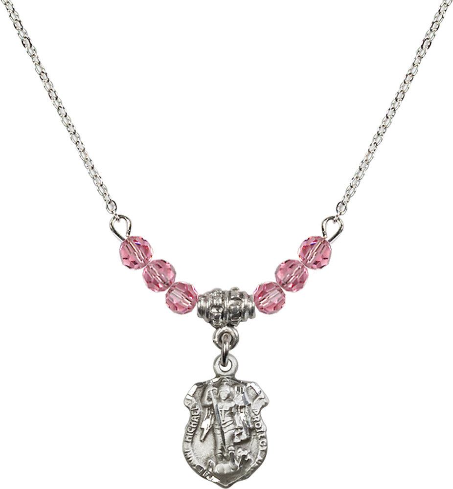 Sterling Silver Saint Michael the Archangel Birthstone Necklace with Rose Beads - 5699